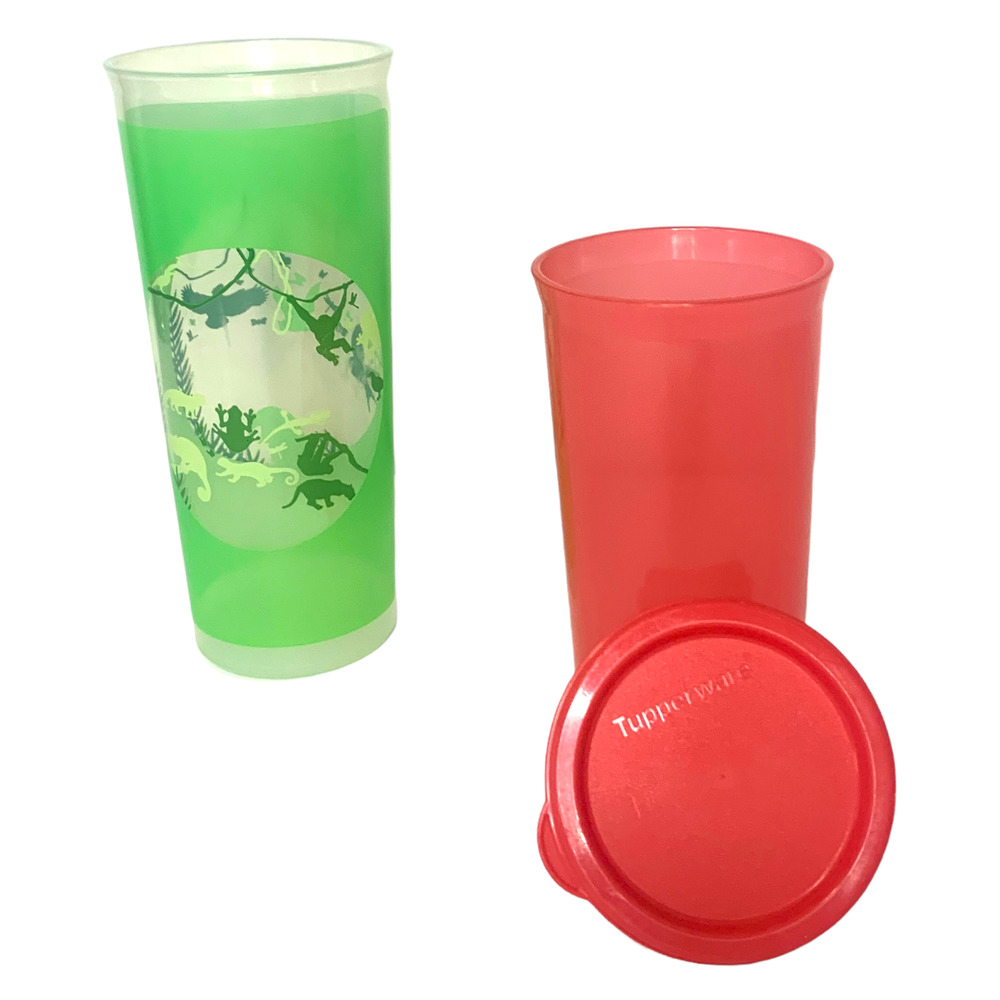 Tupperware Tumblers Misc Bundle 2pcs Red 9oz Green 16oz Jungle Design NWOT